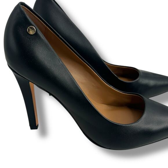 NEW Calvin Klein Pointed Toe Pumps Size 9 High Stiletto Heels Black Leather FLAW - Picture 2 of 13